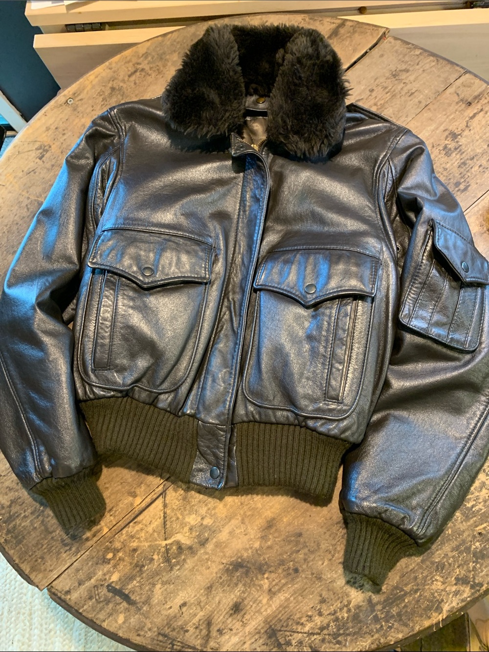 Vintage Cocoa Brown Leather Bomber Jacket with Faux Fur Collar